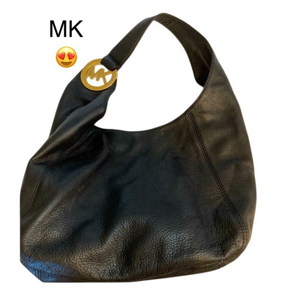 BLACK LEATHER MK Michael KORS HOBO SHOULDERBAG WITH GOLD MK GORGEOUS - Picture 1 of 11